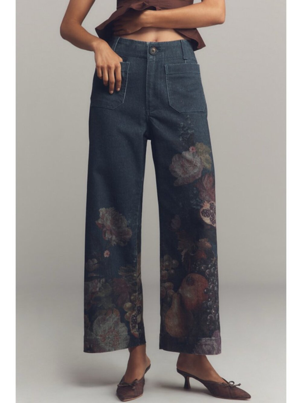 Anthropologie The Colette Crop Wide-Leg Jeans Black Fruit Print 27